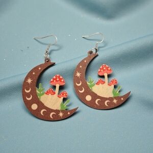 Wooden Crescent Moon Mushroom Earrings
